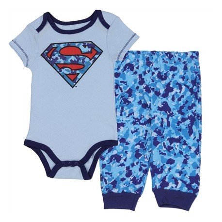 DC Comics Superman Light Blue Onesie With Camo Sheild And Matching Blue Camo Pants Free Shipping