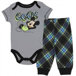 Disney Mickey Mouse Cool Grey Baby Boys Onesie With Plaid Pants Set Houston Kids Fashion Clothing Store