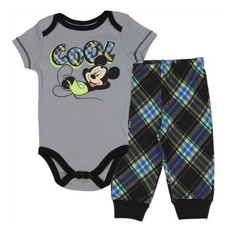 Disney Mickey Mouse Cool Grey Baby Boys Onesie With Plaid Pants Set Houston Kids Fashion Clothing Store