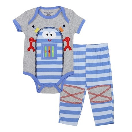 Buster Brown Blue Robot On Grey Onesie With Blue Striped Onesie With Knee Patches Houston Kids Fashion Clothing