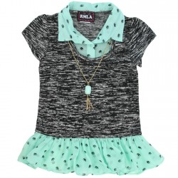 RMLA Black Holiday Knit Sweater With Mint Green Chiffon Trim And Necklace At Houston Kids Fashion Clothing