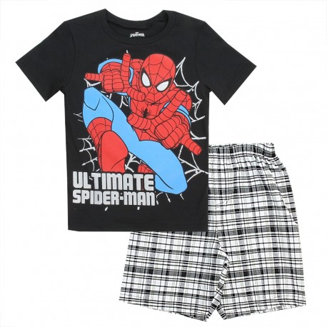 Ultimate Spider Man Black Short Sleeve Shirt and Plaid Shorts At Houston Kids Fashion Clothing Store