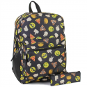 Confetti Happy Face And Pizza Emojis Black 16" Backpack With Matching Pencil Case Houston Kids Fashion Clothing