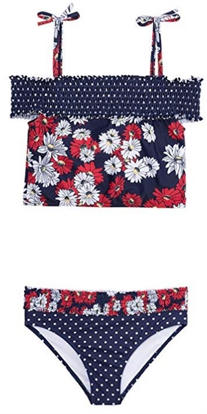 Jantzen Red And White Floral Print Girls 2 Piece Swimsuit